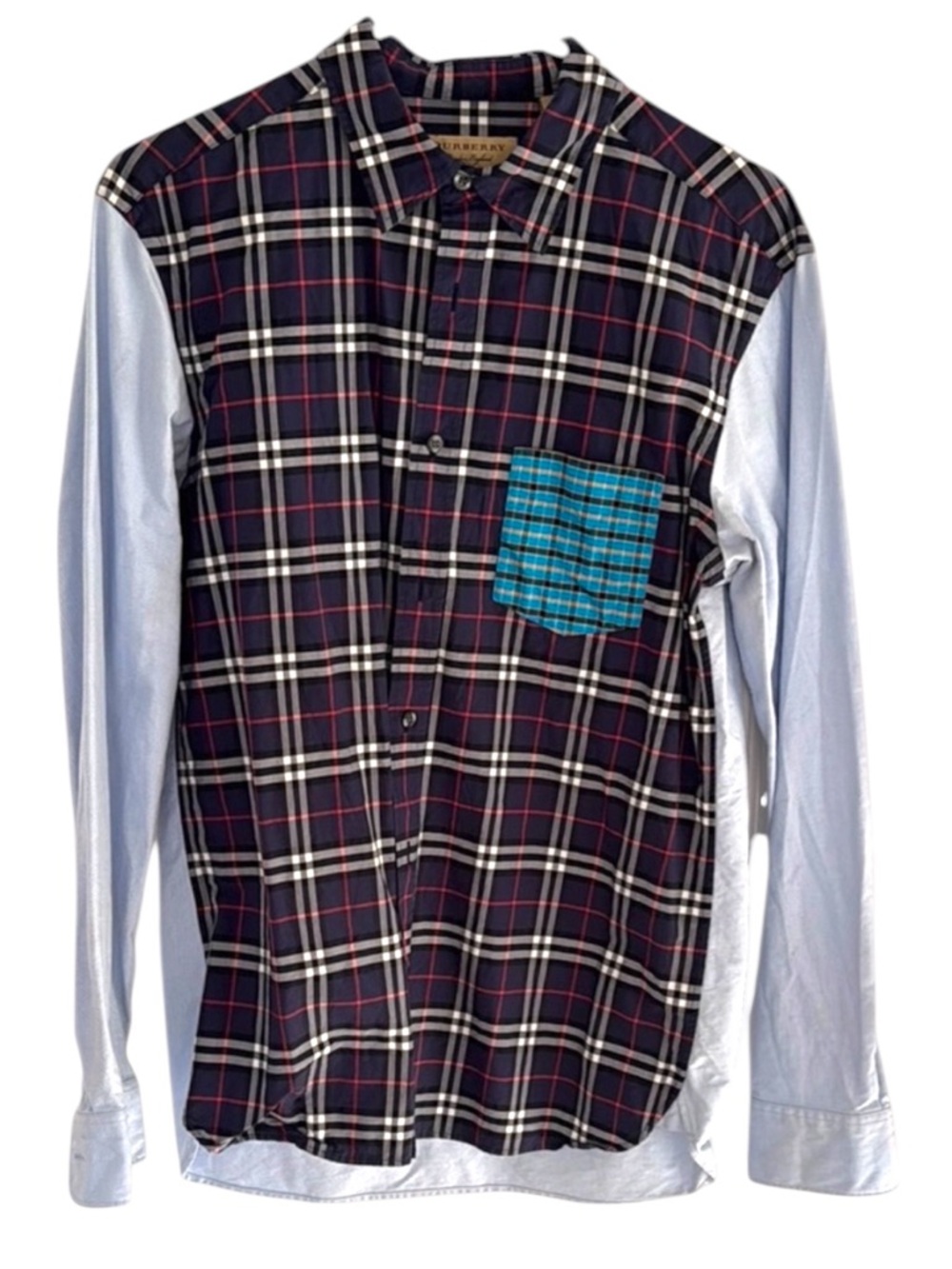 Burberry Navy and Red Plaid Shirt with Light Blue Sleeves and Turquoise Pocket